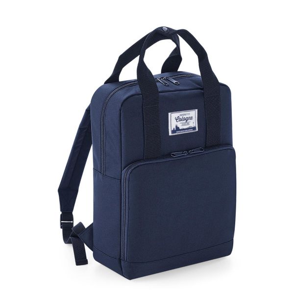 Backpack, blue, label