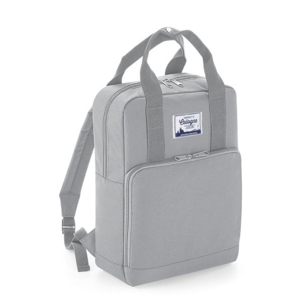 Backpack, grey, label